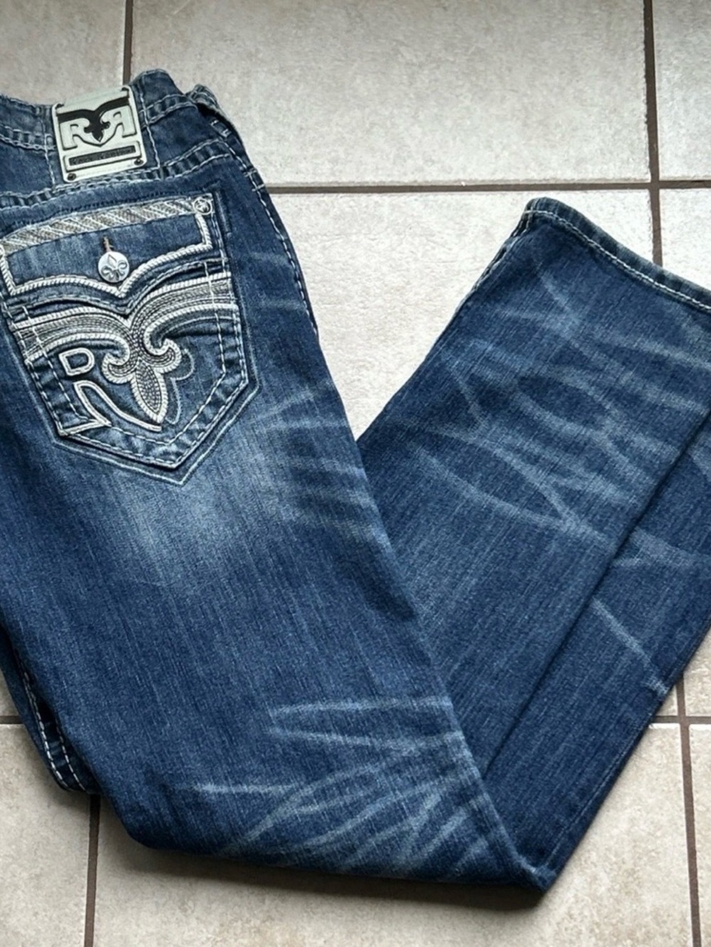 Rock Revival BREXTON Straight Leg Jeans Mens 33 Blue Thick Stitch -READ DESCRIP
